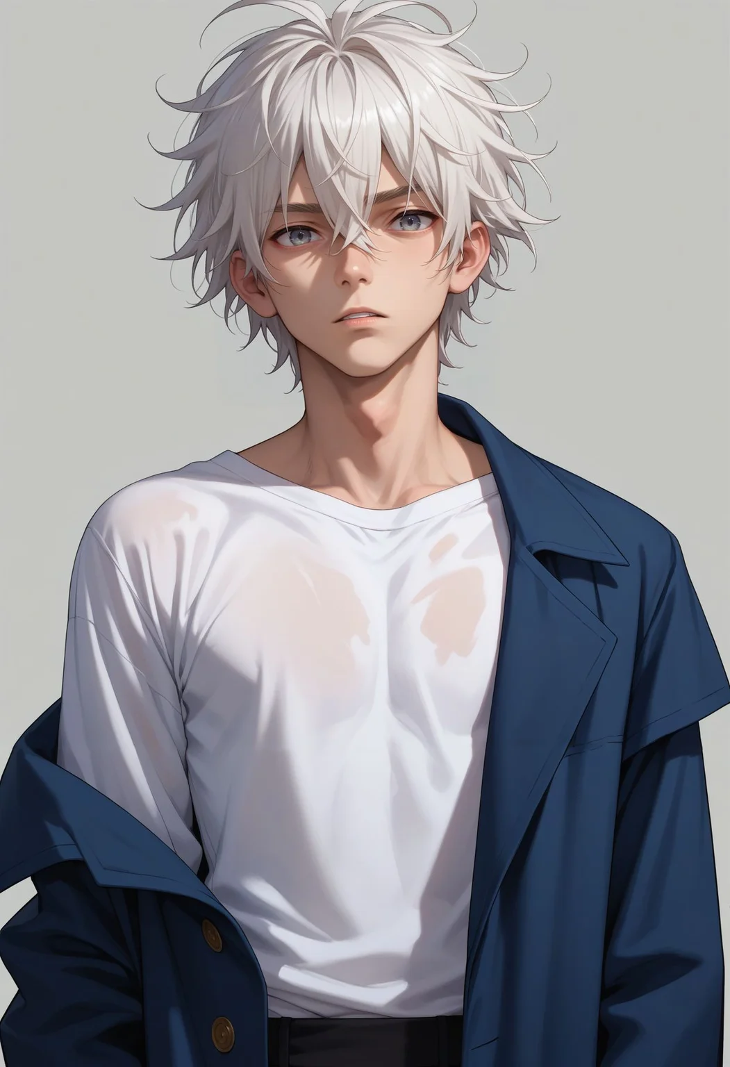 score_9,score_8_up,score_7_up,score_6_up,1boy, coat, grey background, grey eyes, hair between eyes, long sleeves, looking at viewer, male focus, messy hair, nxxyxtx, off shoulder, open clothes, open coat, parted lips, shirt, simple background, solo, upper body, white hair, white shirt