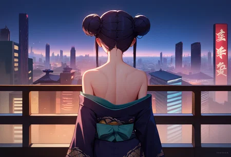 score_9, score_8_up, score_7_up, 1girl, ksak, black hair, double bun, low twintails, kimono, off shoulder, shoulder blades, cityscape, night, from behind, <lora:Kisaki 3-000007:1>