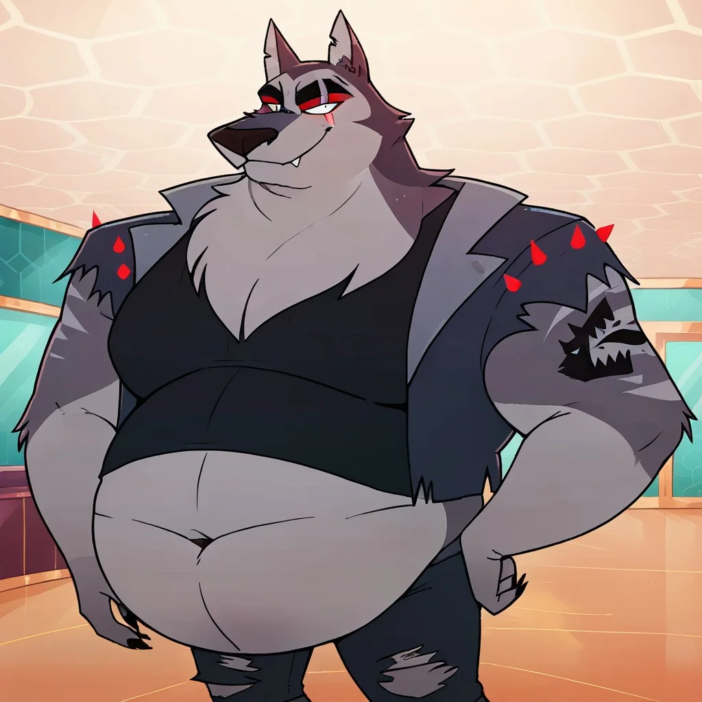 SCORE_9, SCORE_8_UP, SOURCE_ANIME, REALISTIC, BREAK, 1MALE, TEX, FACE FOCUS, PORTRAIT, FURRY, GREY FUR, MORBIDLY OBESE, HUGE BELLY, ((GIGANTIC BELLY)), (SCAR ACROSS EYE), (BLANK GLASS EYE), RIGHT EYE SILVER, RIGHT RED SCLERA, EAR SLITS, TANK TOP, SPIKED LEATHER VEST, RIPPED JEANS, ARM TATTOO, BREAK, STRIP CULB, FURRY STRIPERS, HIGH RESOLUTION, VIVD TEXTURES