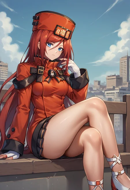 score_9, score_8_up, score_7_up, source_anime, good anatomy, 1girl, solo, MilliaRageXrd, red hair, very long hair, blue eyes, short red dress with white trim, high collar, military uniform, license plate, red hat with white trim, ushanka, white gloves, belts, bare legs, sleeves past wrists, shoes, sitting, crossed legs, on fence, city, blue sky, clouds