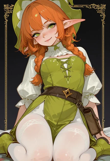 (score_9, score_8_up, score_7_up), source_anime, anime, masterpiece, best quality, female, ((solo)), elf, ruddy complexion, lots of freckles, short ginger curly hair, green eyes, pointed ears, pointed downward, ((green elf dress)), braids woven into hair, women, snarky, sly smile, elf clothes, full-length portrait, closed dress, solo, white tights, black background, green shoes, 1girl, bard dress, ((bard outfit))