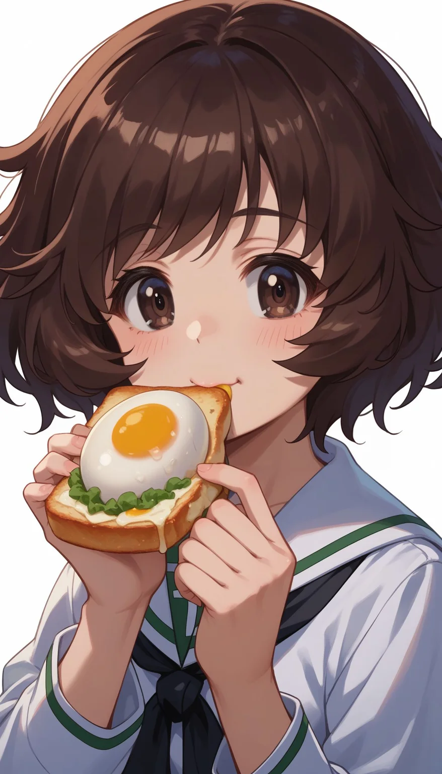 score_9, score_8_up, score_7_up, score_6_up, , solo, 20yo woman, (Beuty:1.1) , (cute:1.3), ,perfecteyes , seductive smile,perfect,
<lora:Akiyama:1>, 1girl, ooarai school uniform, akiyama yukari, brown hair, short hair, brown eyes, white background, long sleeves, fried egg, upper body, messy hair, serafuku, egg (food), simple background, eating, cropped torso, white shirt, bangs, black neckerchief, toast, blouse, holding food, food in mouth, sailor collar, closed mouth