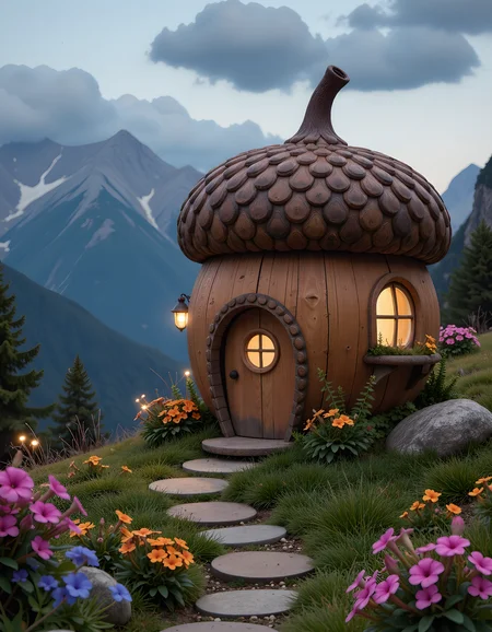 fairytale house made out of a huge acorn, magical, whimsical, fireflies, evening, partially starry sky, flowers, nature, mountains