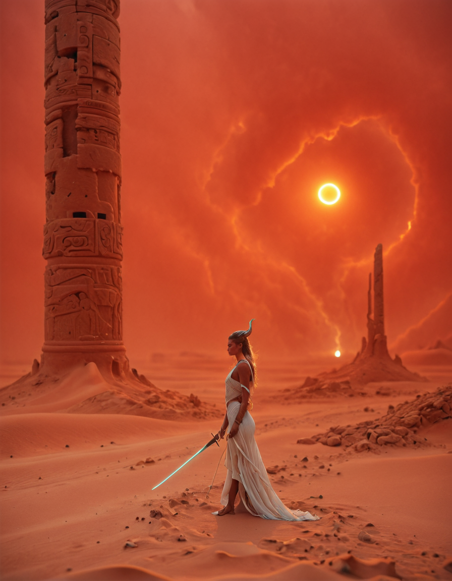 <lora:Space_Worlds_Minis:1> heatmini1, beautiful 25yo woman in a white dress, walking in a desert, holding a sword, from side, rocks, sand storm, ancient ruins,