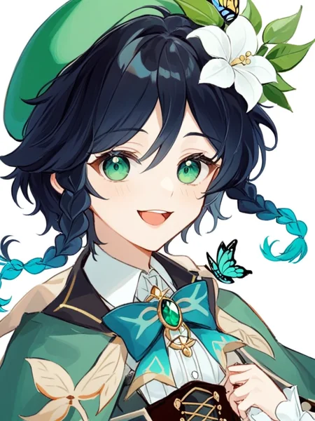 <lora:温迪:1>ï¼male_focus, 1boy, solo, venti_\(genshin_impact\), hat, smile, braid, beret, green_headwear, multicolored_hair, gradient_hair, twin_braids, long_sleeves, flower, black_hair, green_eyes, looking_at_viewer, blue_hair, cape, simple_background, white_background, bangs, open_mouth, bow, leaf, frilled_sleeves, jewelry, brooch, collared_cape, white_flower, butterfly, bug, frills, shirt, hat_flower, gem, short_hair_with_long_locks, corset, androgynous, collared_shirt, white_shirt, hair_ornament