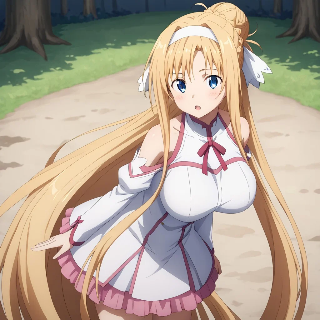 (masterpiece), best quality, perfect eyes, expressive eyes, perfect face, expressive face, perfect hands, (((((detailed hair))))), (((perfect eyes))), perfect legs, (((1 Girl))), (Sylpha), very long hair, blue eyes, huge breasts, blushing, (((aroused))), moaning, blonde hair, very long hair, hair up, (hair bun), folded ponytail, ((long sidelocks)), ahoge, blonde hair, blue eyes, hair between eyes, bangs, ((white hairband)), (((hair ribbon))), (((((view up close))))), view from above, view from side, outdoors, forest, trees, stacia, (((((absurdly long hair))))), blue eyes, long hair, parted bangs, blonde hair, very long hair, very long sidelocks, braid, hair up, ((hair bun)), (ponytail), hair ribbon, alice zuberg, blue eyes, parted bangs, blonde hair, very long hair, very long sidelocks, braid, hair up, ((hair bun)), (ponytail), astnig, asuna \(sao\), (((((absurdly long hair))))), blue eyes, parted bangs, blonde hair, very long hair, very long sidelocks, braid, hair up, ((hair bun)), (ponytail), hair ribbon, off shoulder, long sleeves, halterneck, ribbon trim, white nightgown, two-tone dress, (((pink trim))), layered skirt,