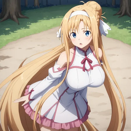 (masterpiece), best quality, perfect eyes, expressive eyes, perfect face, expressive face, perfect hands, (((((detailed hair))))), (((perfect eyes))), perfect legs, (((1 Girl))), (Sylpha), very long hair, blue eyes, huge breasts, blushing, (((aroused))), moaning, blonde hair, very long hair, hair up, (hair bun), folded ponytail, ((long sidelocks)), ahoge, blonde hair, blue eyes, hair between eyes, bangs, ((white hairband)), (((hair ribbon))), (((((view up close))))), view from above, view from side, outdoors, forest, trees, stacia, (((((absurdly long hair))))), blue eyes, long hair, parted bangs, blonde hair, very long hair, very long sidelocks, braid, hair up, ((hair bun)), (ponytail), hair ribbon, alice zuberg, blue eyes, parted bangs, blonde hair, very long hair, very long sidelocks, braid, hair up, ((hair bun)), (ponytail), astnig, asuna \(sao\), (((((absurdly long hair))))), blue eyes, parted bangs, blonde hair, very long hair, very long sidelocks, braid, hair up, ((hair bun)), (ponytail), hair ribbon, off shoulder, long sleeves, halterneck, ribbon trim, white nightgown, two-tone dress, (((pink trim))), layered skirt,
