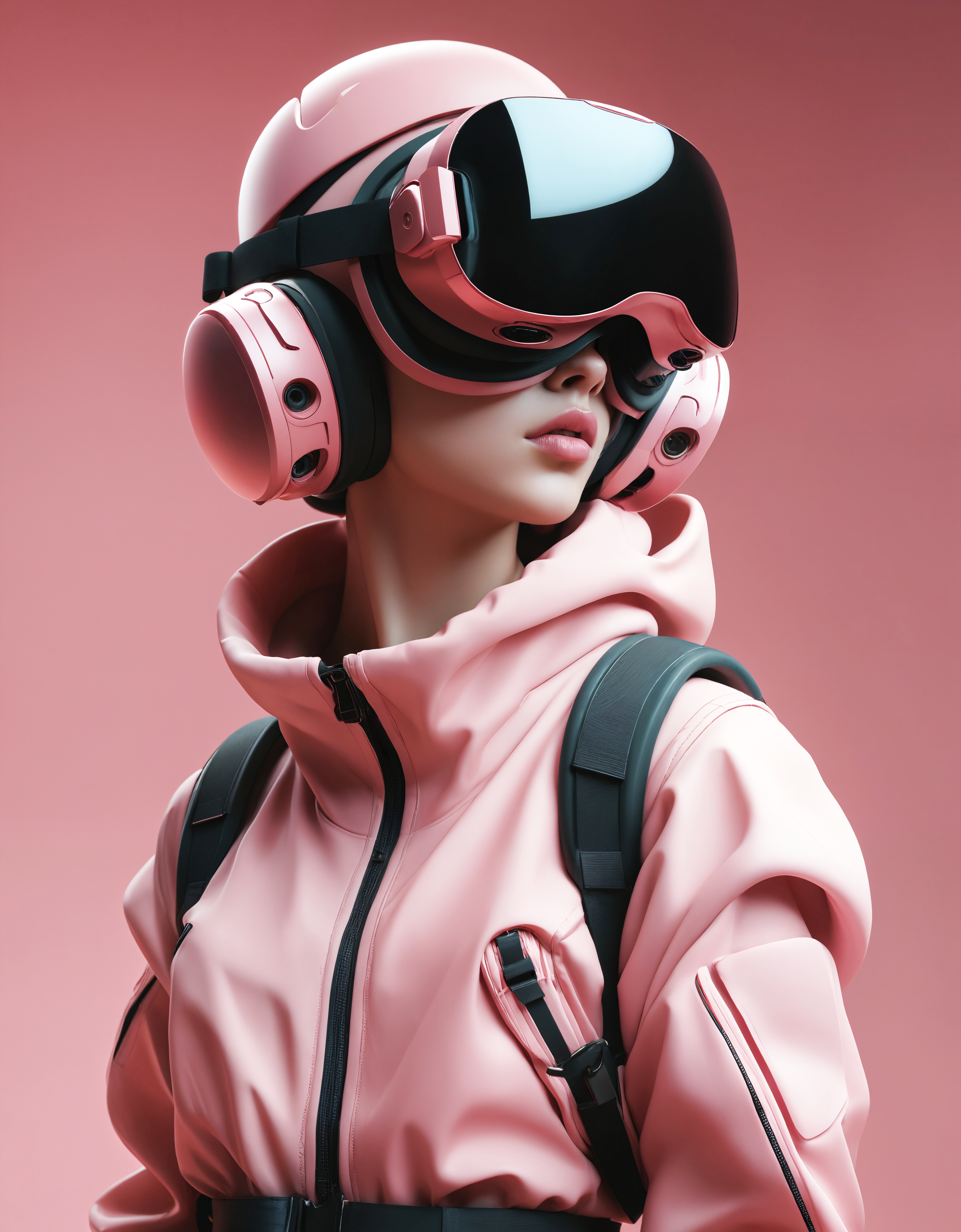 intense futuristic bespoke vr headset respirator on a set of twin ninja hypebeasts, by ilya kuvshinov and james jean and sorayama and ikeuchi and hiroya oku and gilleard james, artstation trending, 8 k, 3 d render, photorealistic, volumetric lighting caustics, pink