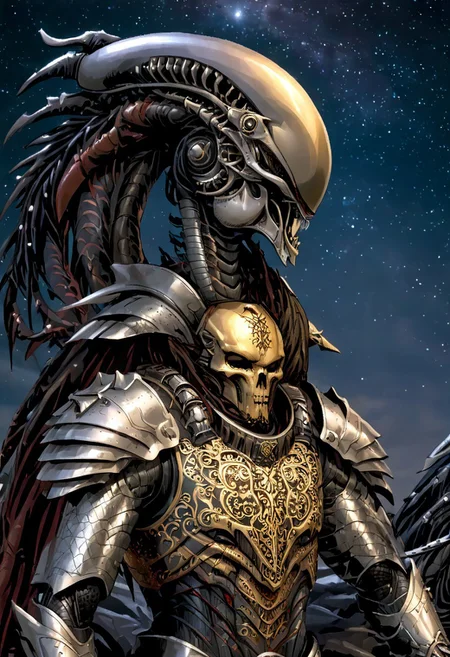 An insanely Detailed Divine Xenomorph, Golden and silver in color, cyberpunk, a crimson tinge to the golden color, Hyperdetailed, Omnipresent, Beautiful, Sinister overtones, otherworldly,((masterpiece, best quality)), fantasy, solo, 1 alien knight, silver armor chestplate with silver medieval ornaments and runes, galactic night sky background, perfect composition, sidelighting, outdoor,