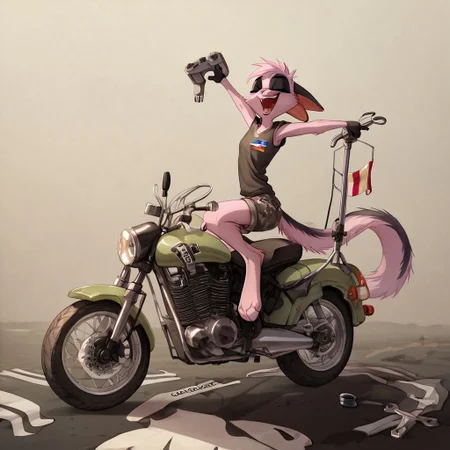 score_9, score_8_up, score_7_up, score_6_up, score_5_up, score_4_up, source_anime, BREAK 
 <lora:ViriathusPony:0.8>,viriathusvayu, solo,  furry, tail, pink hair, animal ears,one leg is  dark fur color, realistic illustration, repair service, wrench in hand, repairing, motorbike, repairing motorbike, mechanic clothes, covered in machine oil, laughing, drunk, fixing motorbike, ukrainian flag