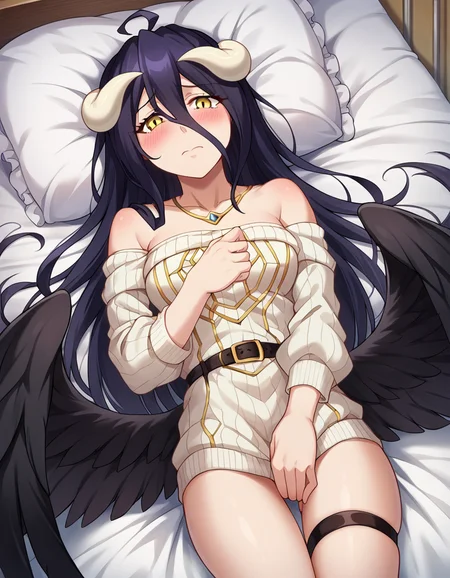 score_9, score_8_up, score_7_up, source_anime,
overlordalbedo, <lora:overlord-albedo-ponyxl-lora-nochekaiser:1>,
albedo, ahoge, black hair, horns, long hair, yellow eyes, blush, embarrassed,
bare shoulders, belt, black wings, collarbone, dress, feathered wings, frills, long sleeves, low wings, necklace, off shoulder, off-shoulder sweater, sweater, sweater dress, thigh strap, white sweater, wings, wrist ribbon, thighs,
indoors, bed, bed room, lying, lying on back, pillow,
looking at viewer, cowboy shot, dutch angle,