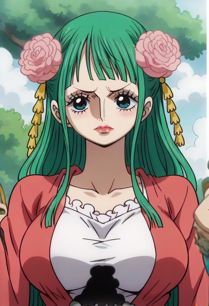 long hair, green hair, green eyes,, hiyori (one piece), flowers in hair,, ,,, ,,, , , ,,,, ,,, , ,,,,,,,, anime coloring,anime screencap, 1girl,Solo ,, anime,PUFFY nipple,huge breasts,official art,,Uncensored ,Unedited ,,,,,,,,,,,,,,,,,,,,,,,,,,