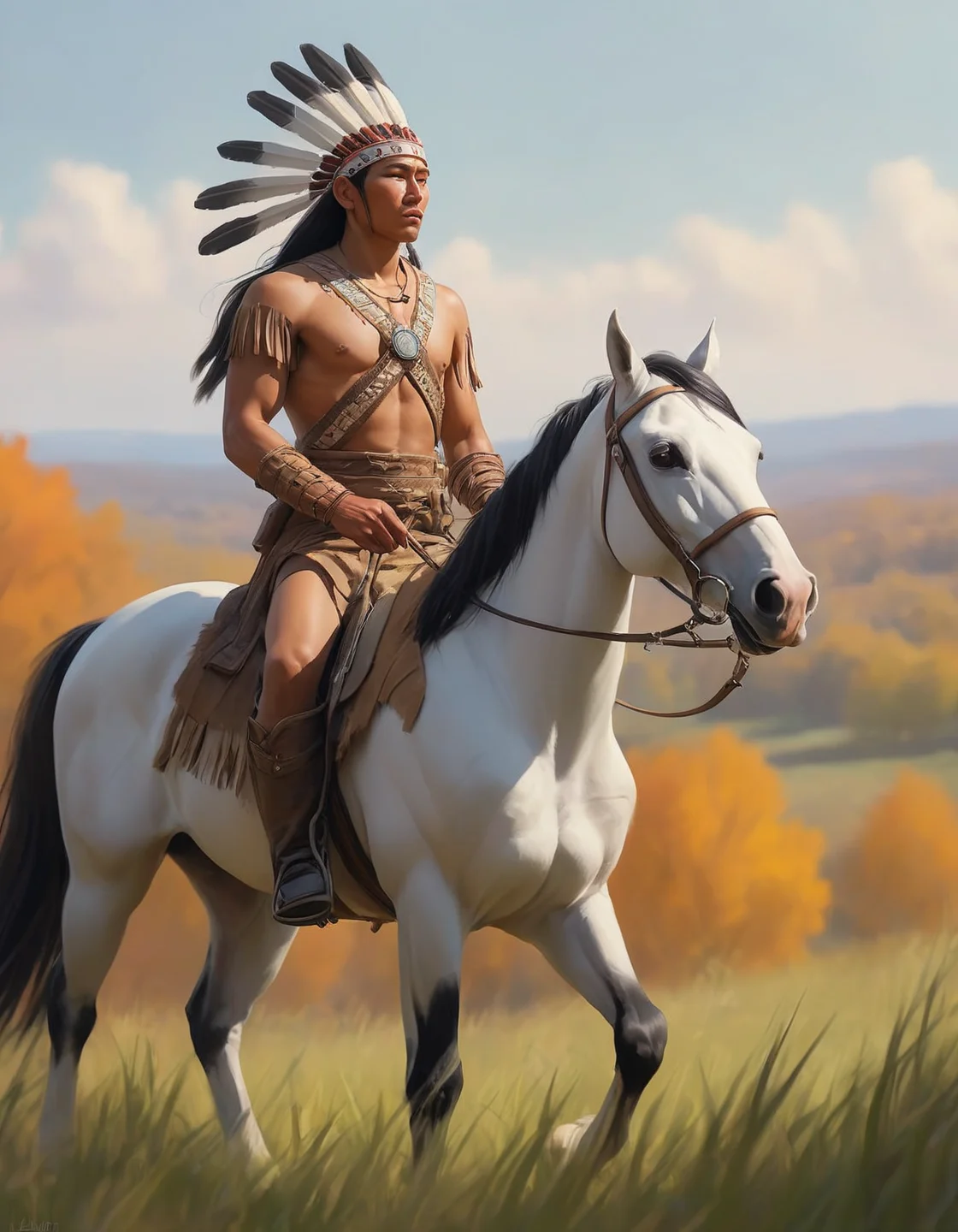 concept art A painting of a lovely fall scene, close up a field with the a Cherokee native indian warrior on a horse on the prairie in the distance on a grassy hill in 1855 of Slovenian in spring , nature, beauty, oil on canvas, shadows, noon, medium shot centered pose shallow dof soft focus portrait of . digital artwork, illustrative, painterly, matte painting, highly detailed