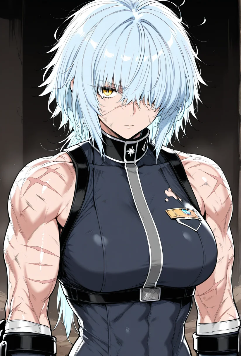 (masterpiece, best quality, ultra-detailed:1.4),
solo,1girl, (light blue hair:1.3), short messy hair, bangs,
(yellow eyes:1.5), (battle-worn expression:1.3), (scar over one eye:1.5), (intimidating aura:1.3), emotionless expression
(hair covering one eye:1.5), (bangs covering left eye:1.4), (left eye obscured by hair:1.4), (hair over eye:1.3),
(battle-hardened:1.4), (war veteran:1.3), (many scars:1.3), (visible wounds:1.2), (weathered face:1.2), (dirt and grime:1.2),
(toned arms:0.6), (muscle tension visible:0.3), (slim but athletic build:1.1), (strong female warrior:1.1), mercenary warrior
(dynamic lighting:1.3), (gritty, rough textures:1.2), black color topper
looking at viewer, (hair slightly messy:1.2), (torn and worn-out fighter outfit:1.2),
<lora:VioletV2:1>