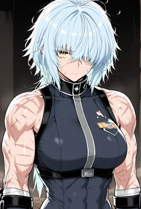 (masterpiece, best quality, ultra-detailed:1.4),
solo,1girl, (light blue hair:1.3), short messy hair, bangs,
(yellow eyes:1.5), (battle-worn expression:1.3), (scar over one eye:1.5), (intimidating aura:1.3), emotionless expression
(hair covering one eye:1.5), (bangs covering left eye:1.4), (left eye obscured by hair:1.4), (hair over eye:1.3),
(battle-hardened:1.4), (war veteran:1.3), (many scars:1.3), (visible wounds:1.2), (weathered face:1.2), (dirt and grime:1.2),
(toned arms:0.6), (muscle tension visible:0.3), (slim but athletic build:1.1), (strong female warrior:1.1), mercenary warrior
(dynamic lighting:1.3), (gritty, rough textures:1.2), black color topper
looking at viewer, (hair slightly messy:1.2), (torn and worn-out fighter outfit:1.2),
<lora:VioletV2:1>