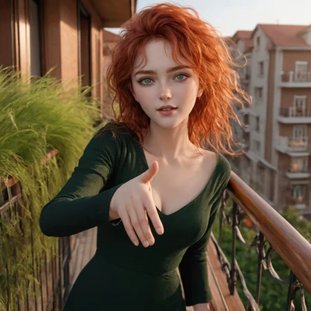 (woman on a balcony), reaching out to grab the viewer’s hand, (impending handshake), wearing a very revealing black dress, pale skin, striking green eyes, vibrant red hair, messy bedhead style, (casual) yet alluring expression, direct (eye contact), warm sunset glow casting soft highlights on her features, background featuring a vast grass field bathed in golden light, gentle breeze moving her hair, cinematic depth, (masterpiece), (best quality), (amazing quality), photorealistic textures, intricate details, dramatic yet natural lighting, atmospheric perspective