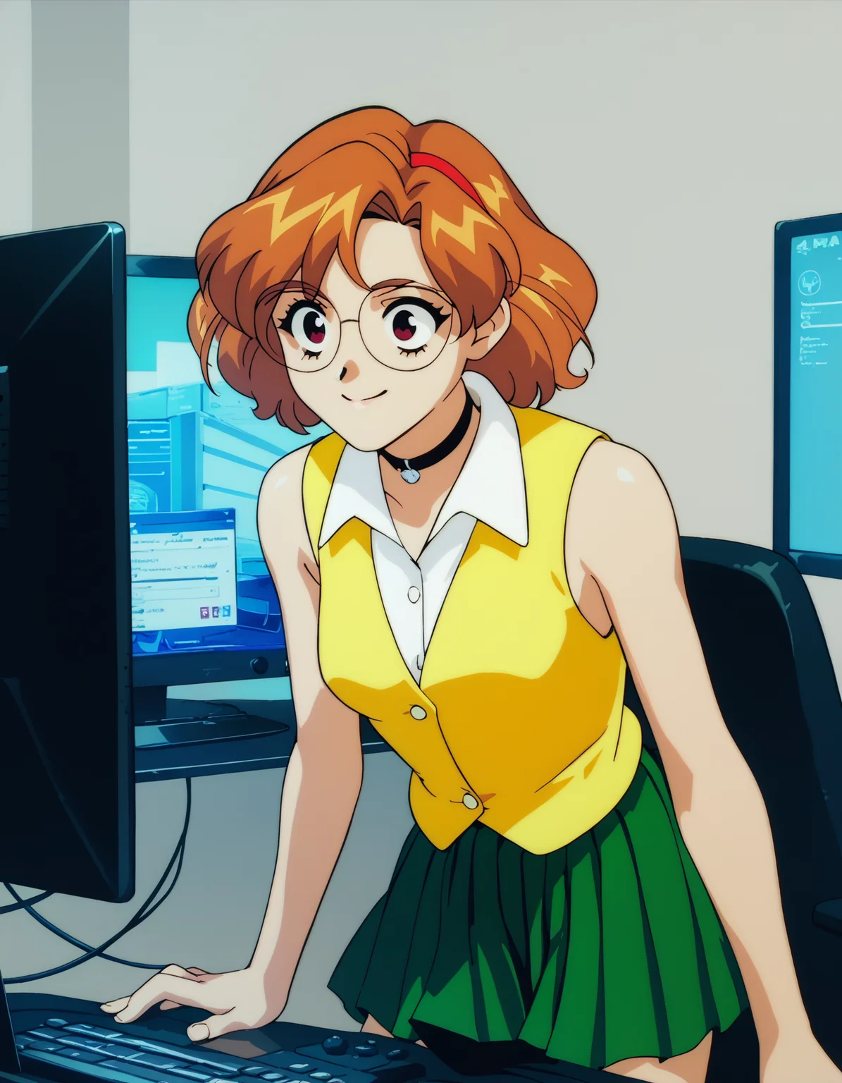 score_9, score_8_up, score_7_up
<lora:rion-aida-ponyxl:1> a10n, round eyewear, choker, sleeveless vest, yellow vest, bare arms, pleated skirt, green skirt,
office, smile, streamer, gaming computer in background, computer station, glowing computer monitor