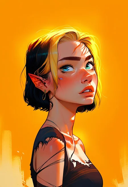score_9, score_8_up, score_7_up, score_6_up, source_anime, 4LFI3V1,s1_dram,alfie, blue eyes, halfling, pointy ears, shortstack, incase, skinny neck, round face, freckles, bob cut, blonde hair, earrings, perfect eyes, green eyes, Egyptian rags, torn clothing, SFW, dynamic shot, dynamic angle, dynamic lighting,  simple background, back lighting,