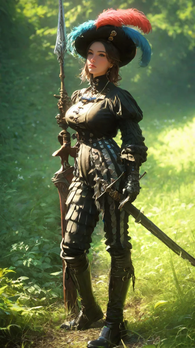 score_9, score_8_up, score_7_up, score_6_up, realistic, 1girl, slender, slim waist, huge breasts, perfect face, dynamic angle, multi-color, motley, pants, boots, hat, jewelry, plume, weapon, sword, greaves, l4ndskn3cht, outdoors, deep arroyo <lora:landsknecht-PNY-000009:1.0>
<lora:Dramatic Lighting Slider:1> <lora:Perfect Hands:1> Perfect Hands