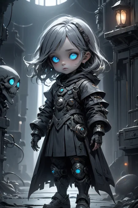 (Groundbreaking Digital Artwork:1.3) of (Detailed illustration:1.3) of ((A possessed child with hollow eyes, eerie whispers, and unsettling behavior. Possessed grays, chilling blues, and malevolent glows. Creepy and malevolent.:1.3)), character focus, concept art, <lora:add-detail-xl:.5>, <lora:mecha-000009 (1):0.6> mechanical style, solo, science fiction, 1girl, <lora:cyborg_style_xl-alpha:0.6> cyborg style,CGSociety,ArtStation