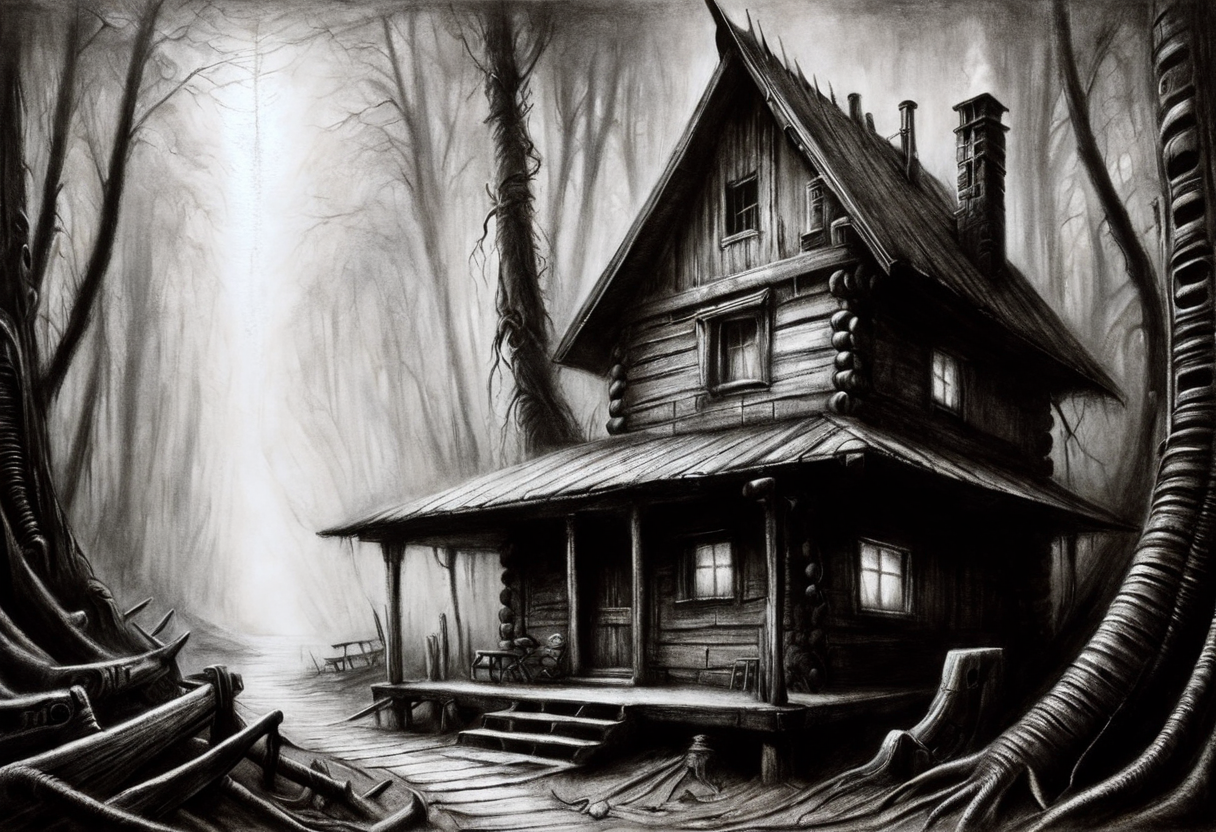 <lora:Charcoal1.0:1>, fantasy painting by H.R. Giger and Janelle Monae:, a Cabin in Temperate area, Charcoal Drawing, 