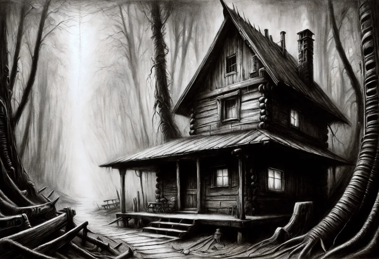 <lora:Charcoal1.0:1>, fantasy painting by H.R. Giger and Janelle Monae:, a Cabin in Temperate area, Charcoal Drawing,