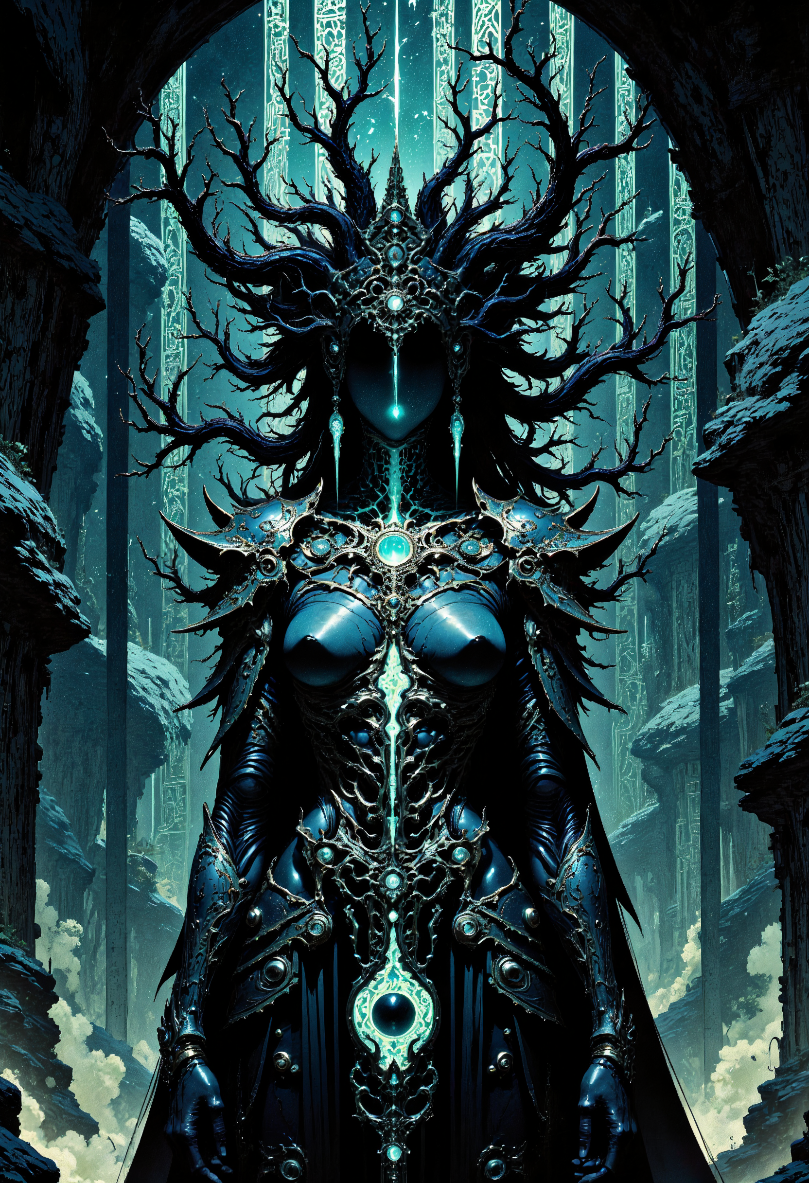 (in Otomo Katsuhiro style:1.2), masterpiece, high-quality, A shadow priestess with tendrils of living darkness flowing from her ornate headdress, Her armor is sleek and sharp etched with runes that faintly pulse like dying embers, She stands in a cavern of obsidian lit only by the eerie glow of ancient glyphs etched into the walls, void magic, living shadows, rune-lit abyss, (Dark fantasy comic style with bold contrasts and textured shading:1.1), (elaborate fine details:1.1), (hyperdetailed:1.1), (intricate details:1.0), (Refined details:1.1), (best quality:1.1), (high resolution:1.2),