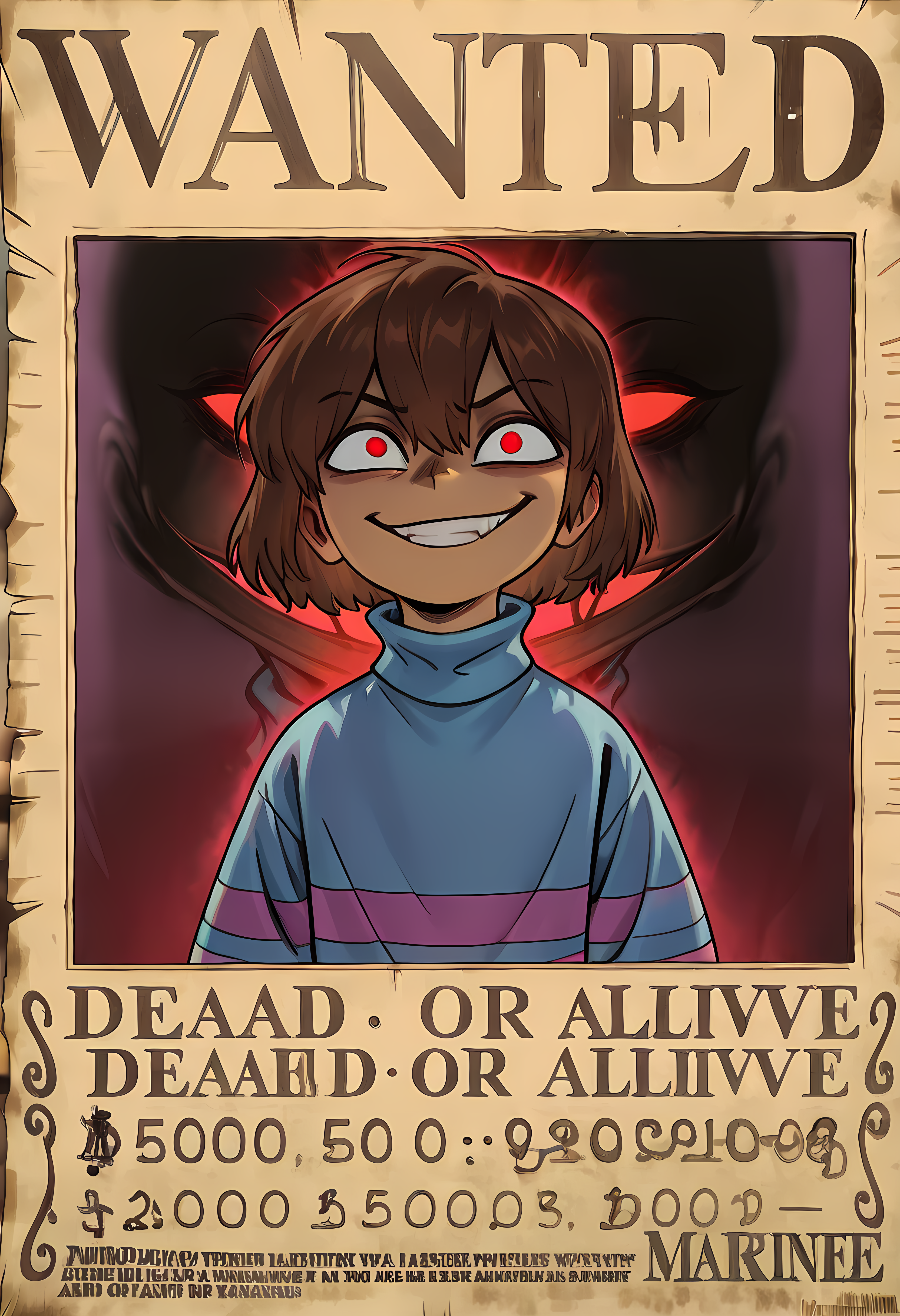 , <lora:L0LSPL4SH_IllustriousXLv01:0.6> best quality, masterpiece \(quality\), L0LSPL4SH, year2024, year2023, West Studio, sixmorevodka,1 girl,,short hair, purple outfit,  frisk , brown hair, red glowing eyes,,, sweater, evil smile,, solo, striped sweater, , striped, ,  shorts,blue shirt,purple striped shirts, <lora:Frisk_new_ill:1>,turtleneck,frisk,pantyhoes<lora:add-detail-xl:1>,masterpiece,best quality,amazing quality,very aesthetic,absurdres,newest,huge filesize,<lora:spo_sdxl_10ep_4k-data_lora_webui:0.5>,detailed background,upper body,, <lora:Wanted_Poster:1> wanted poster,English text,DEAD OR ALIVE,no background,