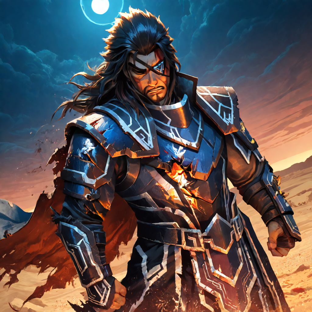 masterpiece, best quality, very awa, by rounin \(amuza\), <lora:xiahoudun-10:2>, 1boy, solo, cowboy shot, xiahoudun, black hair, long hair, brown eyes, eyepatch, facial hair. armor, cape, torn clothes, battle damaged, disheveled, exhausted, blood on face, bloody, bruised eye, desert, night, dynamic angle, <lora:cfg_scale_boost:0.7>, <lora:add-detail-xl:1.4>, <lora:xl_more_art-full_v1:1>