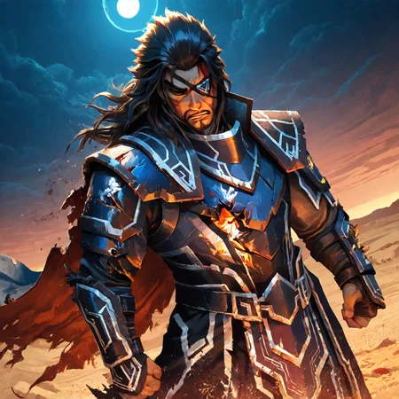 masterpiece, best quality, very awa, by rounin \(amuza\), <lora:xiahoudun-10:2>, 1boy, solo, cowboy shot, xiahoudun, black hair, long hair, brown eyes, eyepatch, facial hair. armor, cape, torn clothes, battle damaged, disheveled, exhausted, blood on face, bloody, bruised eye, desert, night, dynamic angle, <lora:cfg_scale_boost:0.7>, <lora:add-detail-xl:1.4>, <lora:xl_more_art-full_v1:1>