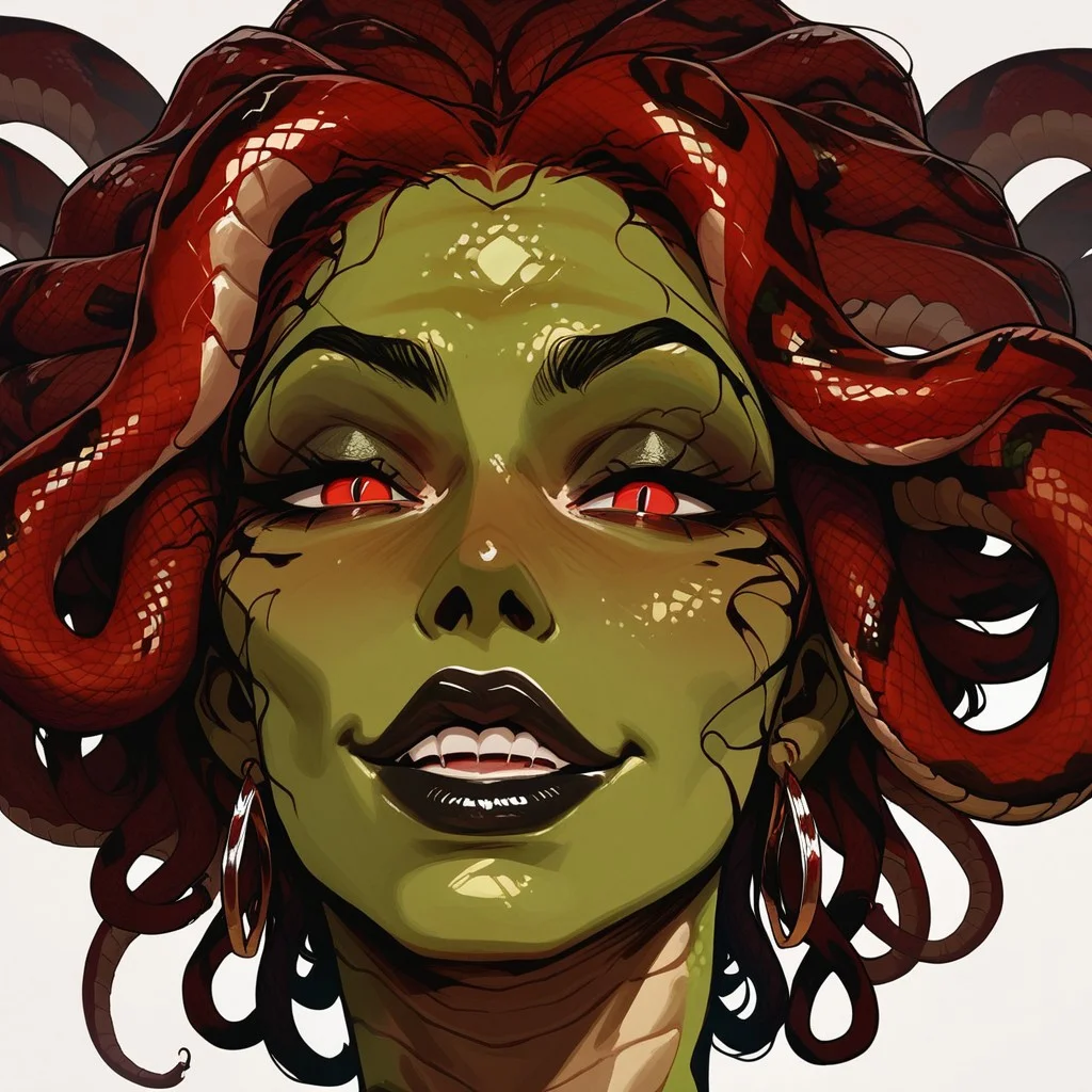 score_9, score_8_up, score_7_up, score_6_up, source_cartoon, black outlines, 1girl, portrait face, (close up:1.5), white background, simple background, gorgon, naga, snake girl, snake hair, black lips, green skin, red hair, smug expression, smirk. snake eyes, wide mouth, seductive, wide smile, red eyes, red snake hair, large mouth,