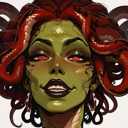 score_9, score_8_up, score_7_up, score_6_up, source_cartoon, black outlines, 1girl, portrait face, (close up:1.5), white background, simple background, gorgon, naga, snake girl, snake hair, black lips, green skin, red hair, smug expression, smirk. snake eyes, wide mouth, seductive, wide smile, red eyes, red snake hair, large mouth,