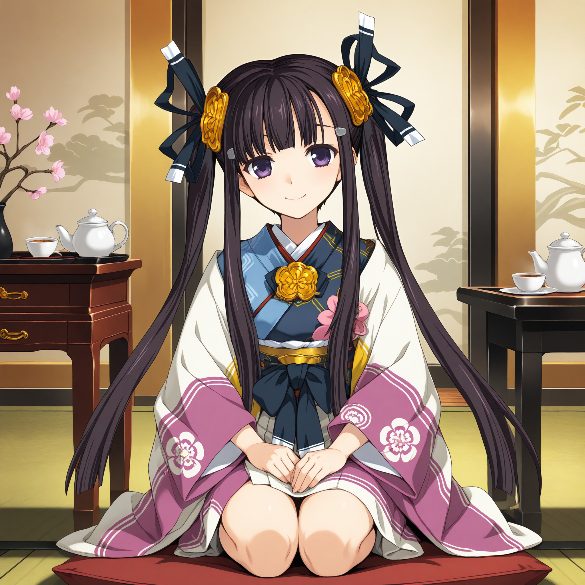 <lora:Oda_Kou_1_nai-000040:1>,Oda Kou,twintails,hair ornament,hair ribbon,
japanese clothes,
1girl,solo,front view,kneeling,indoors,smile,closed mouth,hands on own knees,tea set,coffee table,tatami,