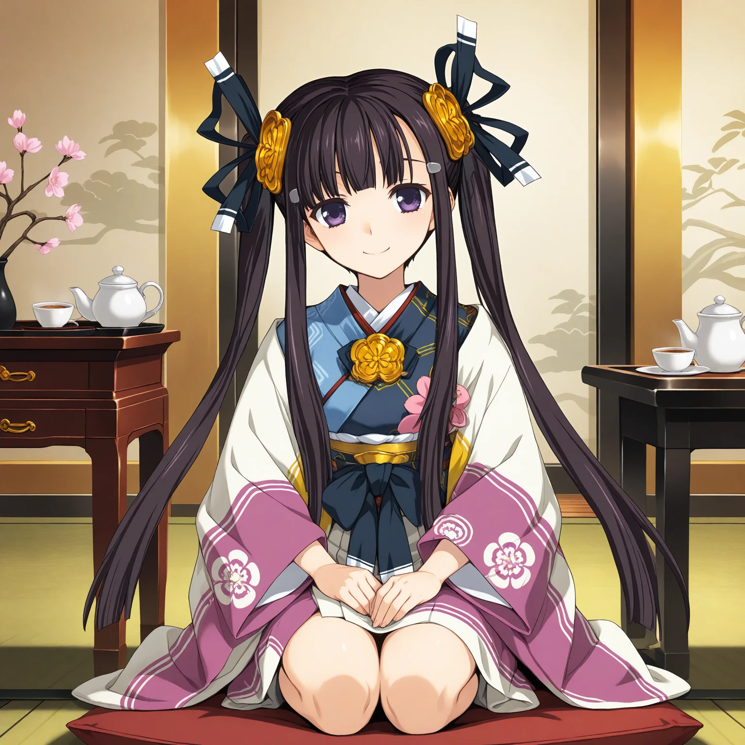 <lora:Oda_Kou_1_nai-000040:1>,Oda Kou,twintails,hair ornament,hair ribbon,
japanese clothes,
1girl,solo,front view,kneeling,indoors,smile,closed mouth,hands on own knees,tea set,coffee table,tatami,