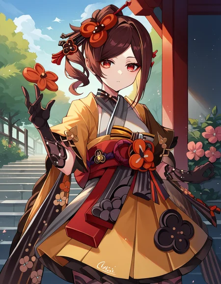 score_9, score_8_up, score_7_up, source_anime,
genshinchiori, <lora:genshin-chiori-ponyxl-lora-nochekaiser:1>,
chiori, brown hair, hair ornament, red eyes, flower, hair flower,
gloves, japanese clothes, sash, obi,
outdoors,
looking at viewer, cowboy shot, dutch angle, dynamic pose,