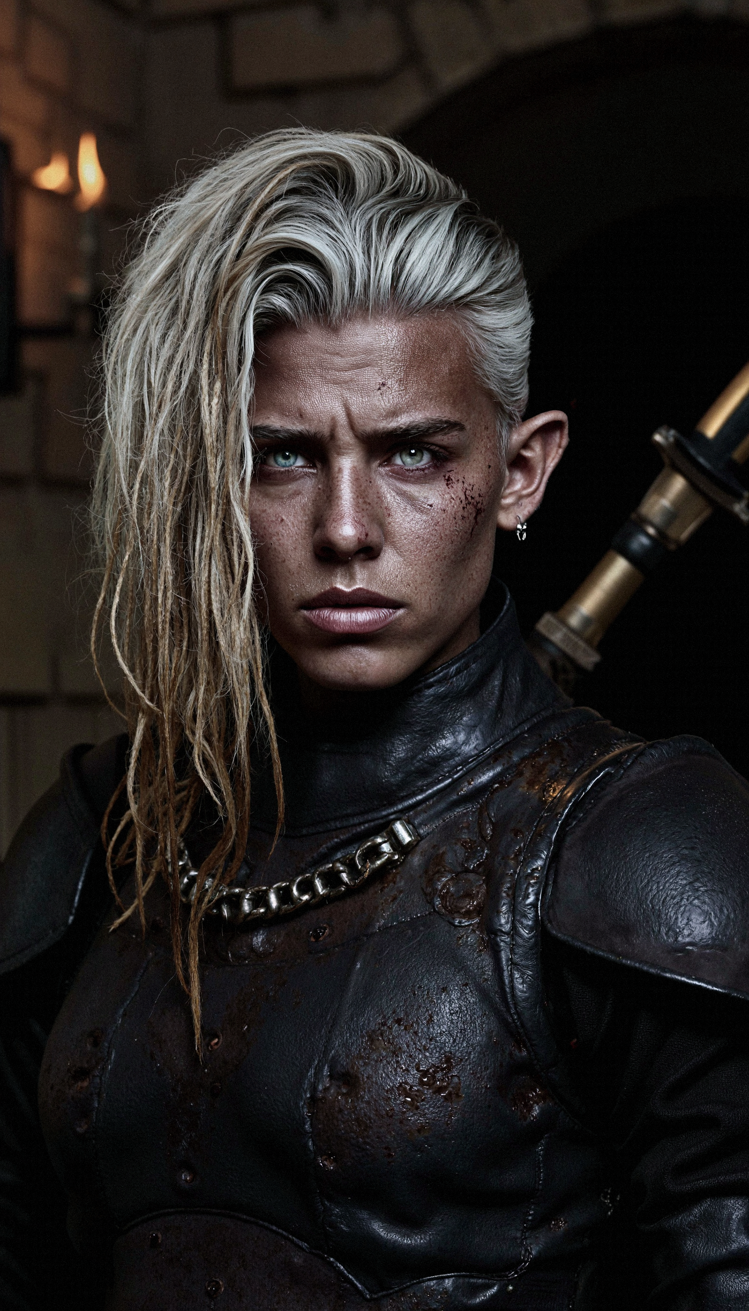 BGMinthara, 1girl, white hair, pointy ears, grey skin

A highly detailed portrait of a fierce warrior resembling BGMinthara, her expression intense and commanding. Her face is marked with streaks of blood, some dripping onto her neck, adding to her battle-hardened and ruthless appearance. She is wearing dark, weathered leather armor that shows signs of wear and dirt from countless encounters.

The background is a dimly lit stone corridor, its walls rough and ancient, evoking the atmosphere of a dungeon or a fortress. Flickering torches mounted on the walls cast a faint, uneven light, creating dramatic shadows across her sharp features and the textured surfaces of her armor. The composition is intimate, capturing every detail of her face, from the smudges of dirt and blood to the cold intensity of her gaze. The lighting emphasizes the contrast between her dark armor and the warm glow of the torches, enhancing the mood of the scene.

The image is shot using a high-end DSLR or mirrorless camera, such as a Canon EOS R5 or Nikon Z8, with a 50mm f/1.2 lens for shallow depth of field. The focus is razor-sharp on her face, with a soft bokeh effect blurring the background, drawing the viewer’s attention to her haunting and powerful presence.
