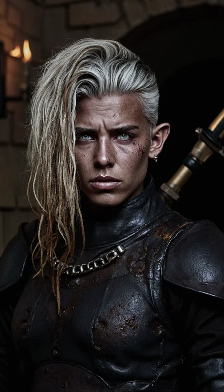 BGMinthara, 1girl, white hair, pointy ears, grey skin
A highly detailed portrait of a fierce warrior resembling BGMinthara, her expression intense and commanding. Her face is marked with streaks of blood, some dripping onto her neck, adding to her battle-hardened and ruthless appearance. She is wearing dark, weathered leather armor that shows signs of wear and dirt from countless encounters.
The background is a dimly lit stone corridor, its walls rough and ancient, evoking the atmosphere of a dungeon or a fortress. Flickering torches mounted on the walls cast a faint, uneven light, creating dramatic shadows across her sharp features and the textured surfaces of her armor. The composition is intimate, capturing every detail of her face, from the smudges of dirt and blood to the cold intensity of her gaze. The lighting emphasizes the contrast between her dark armor and the warm glow of the torches, enhancing the mood of the scene.
The image is shot using a high-end DSLR or mirrorless camera, such as a Canon EOS R5 or Nikon Z8, with a 50mm f/1.2 lens for shallow depth of field. The focus is razor-sharp on her face, with a soft bokeh effect blurring the background, drawing the viewer’s attention to her haunting and powerful presence.