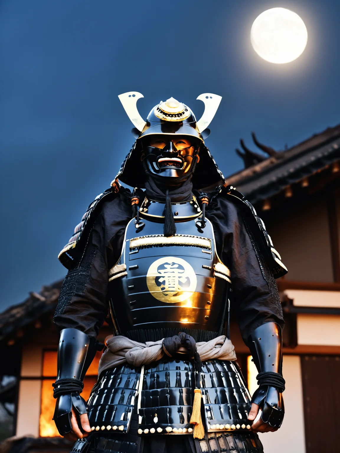 best quality, masterpieces,
a man in samurai armor standing in front of devastated houses which on fire, ruins background,
heavy shadow, film photography, soft focus, detailed skin, matte skin, soft lighting, subsurface scattering, realistic,
midnight, dark sky, moon, dark theme,
black samurai, black samurai helmet, symbol on helmet,
<lora:hina_samurai_armor_sdxl_rank32:0.6>