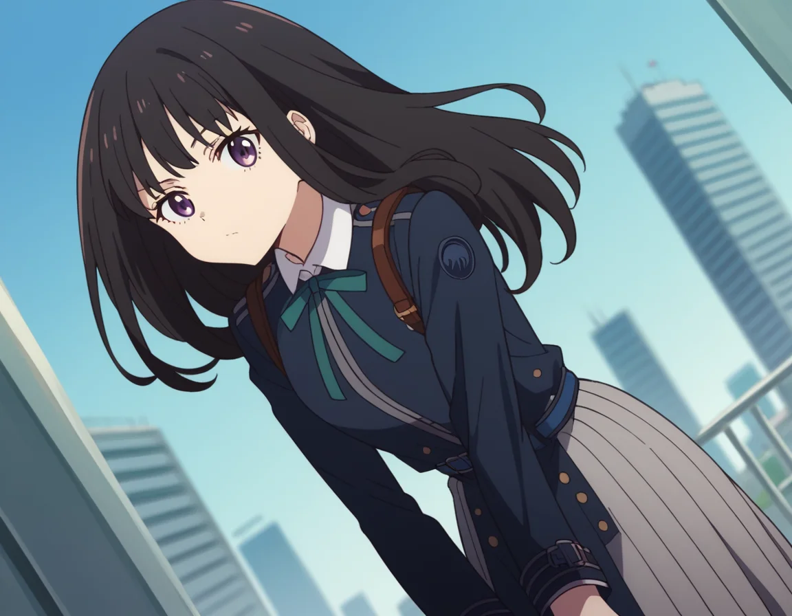 score_9, score_8_up, score_7_up, source_anime,
takinainoue, <lora:takina-inoue-s1-ponyxl-lora-nochekaiser:1>,
inoue takina, long hair, bangs, black hair, purple eyes,
shirt, long sleeves, dress, ribbon, school uniform, white shirt, collared shirt, belt, neck ribbon, blue dress, green ribbon, pleated dress, grey dress, two-tone dress, blue belt, lycoris uniform,
outdoors, cityscape, bent over,
looking at viewer, cowboy shot, dutch angle, solo,