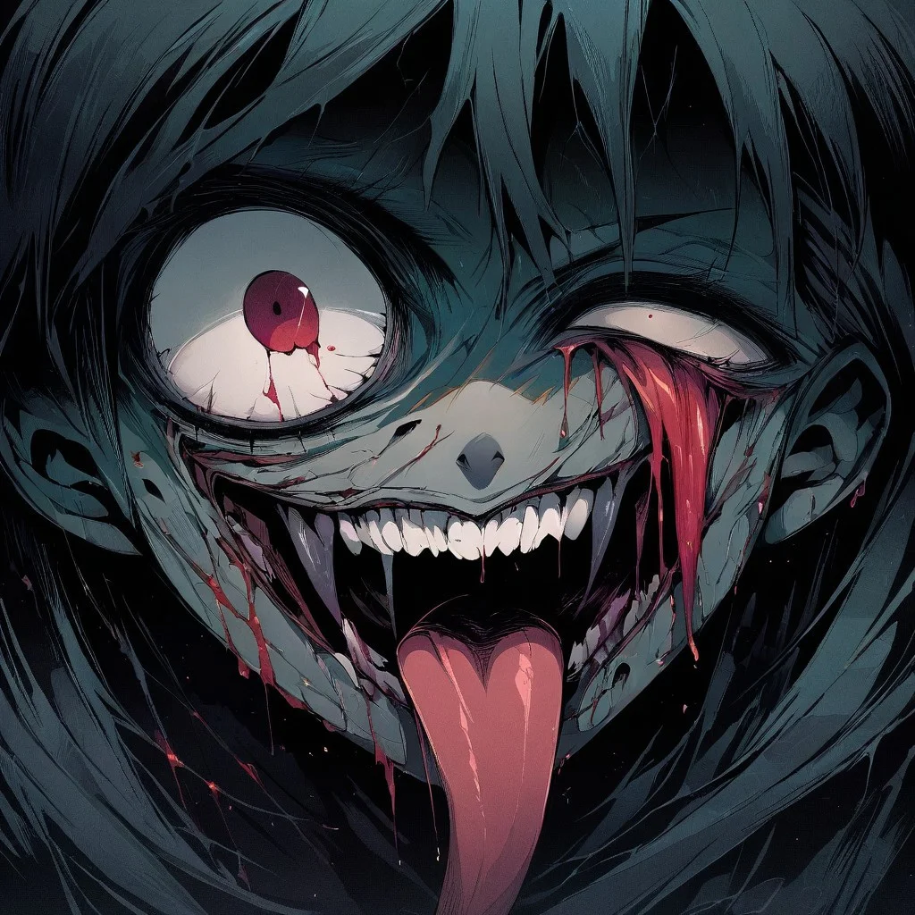 1man, 40 years old, eye wide open, one-eyed, ((missing eye)), bleeding from eye orbit, holes in skin, blood, wide open mouth, blood on mouth, broken teeth, tongue out, very long tongue, bleeding tongue, another face from tongue, looking at viewer, from in front, night, Junji_Ito_Maniac, creepy, horror, (absurd detail), (high quality), (4k), solo, (masterpiece), (absurdres), (best quality), (ultra-detailed), very aesthetic, illustration, perfect composition, intricate details