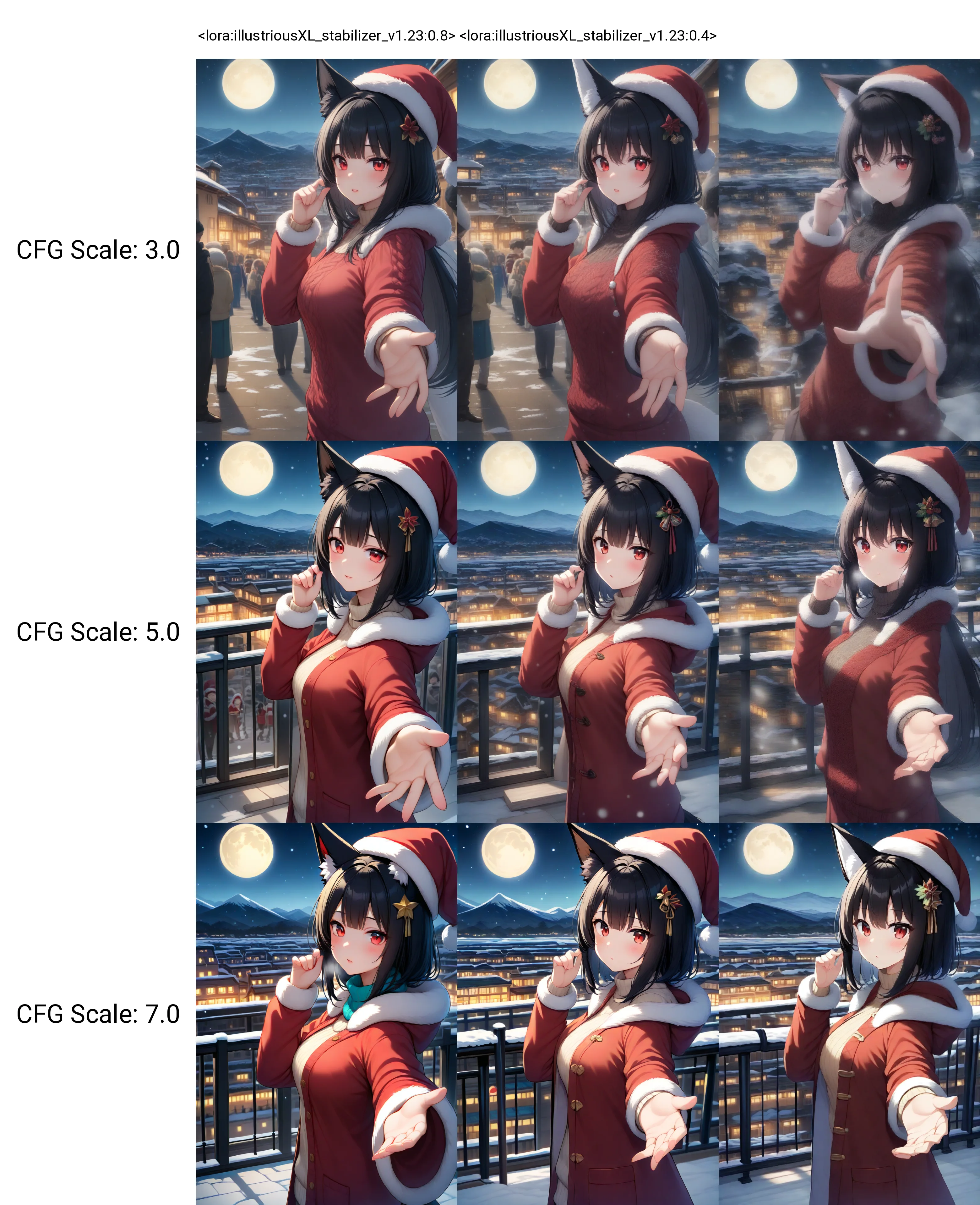 <lora:illustriousXL_stabilizer_v1.23:0.8>1girl,fox girl,fox ears,red eyes,black hair,hair ornament,santa hat,santa costume,fur trim,sweater,hand up,from side,reaching towards viewer,night,town,snowing,snow,street,people,moon,mountainous horizon,masterpiece,best quality,