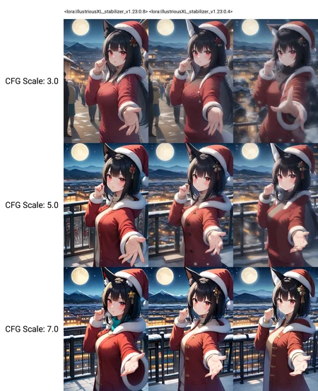 <lora:illustriousXL_stabilizer_v1.23:0.8>1girl,fox girl,fox ears,red eyes,black hair,hair ornament,santa hat,santa costume,fur trim,sweater,hand up,from side,reaching towards viewer,night,town,snowing,snow,street,people,moon,mountainous horizon,masterpiece,best quality,