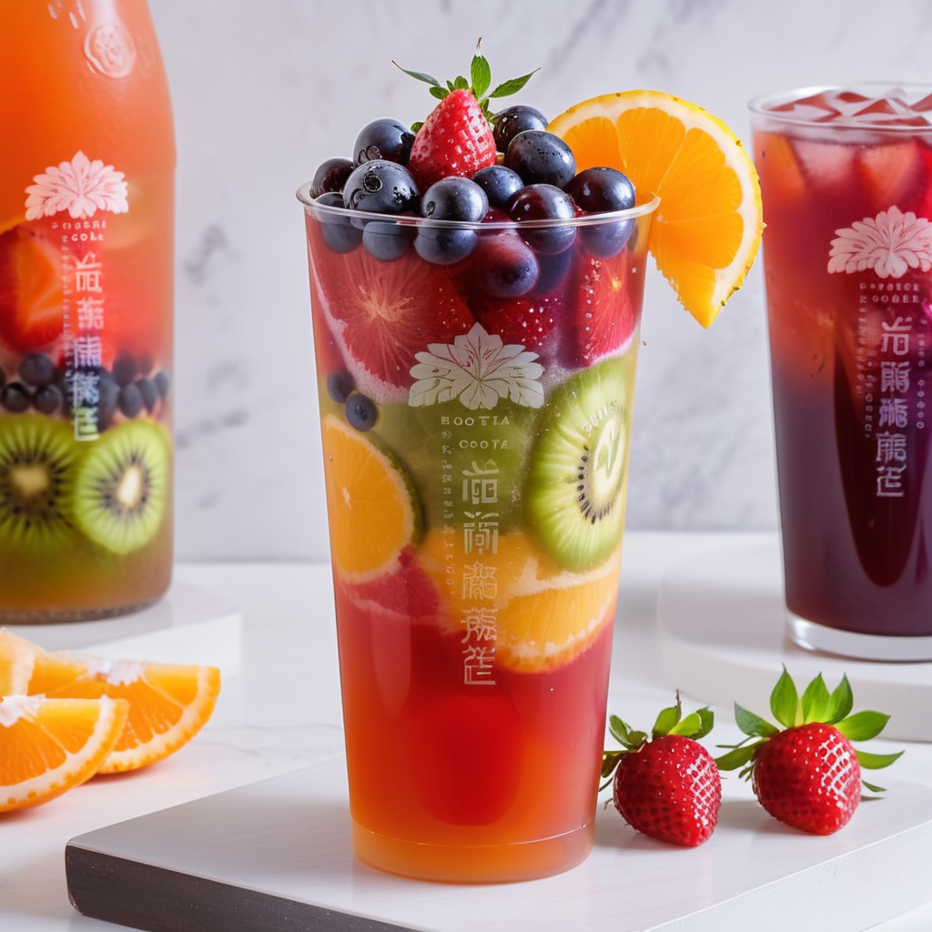 Create an image in a realistic style featuring a beverage composed of seven different colored fruit layers. Describe each layer vividly: red strawberries at the bottom, followed by orange oranges, yellow pineapples, green kiwis, blue blueberries, indigo grapes, and violet blackberries at the top. The glass should be transparent, allowing a clear view of the colorful fruit contents inside. On the glass, the text 'BOBOTEA' is elegantly inscribed, standing out against the vibrant backdrop of the drink, <lora:tteaw:0.8>