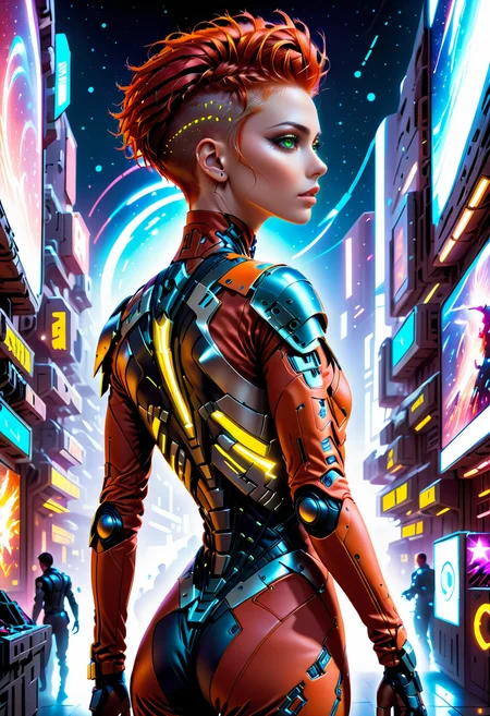 dynamic cyberpunk illustration, attractive person with cybernetic implants, standing, full shot, from the side, messy undercut red hair, freckles, detailed eyes, from the side, dynamic pose, wearing neon stillsuit, intense confident expression, in a futuristic marketplace, natural skin, midnight, starry sky, <lora:Randommaxx_dark_offset_v1.1_lora_fp16:0.7>, <lora:StillsuitXL_v1.31:0.75>