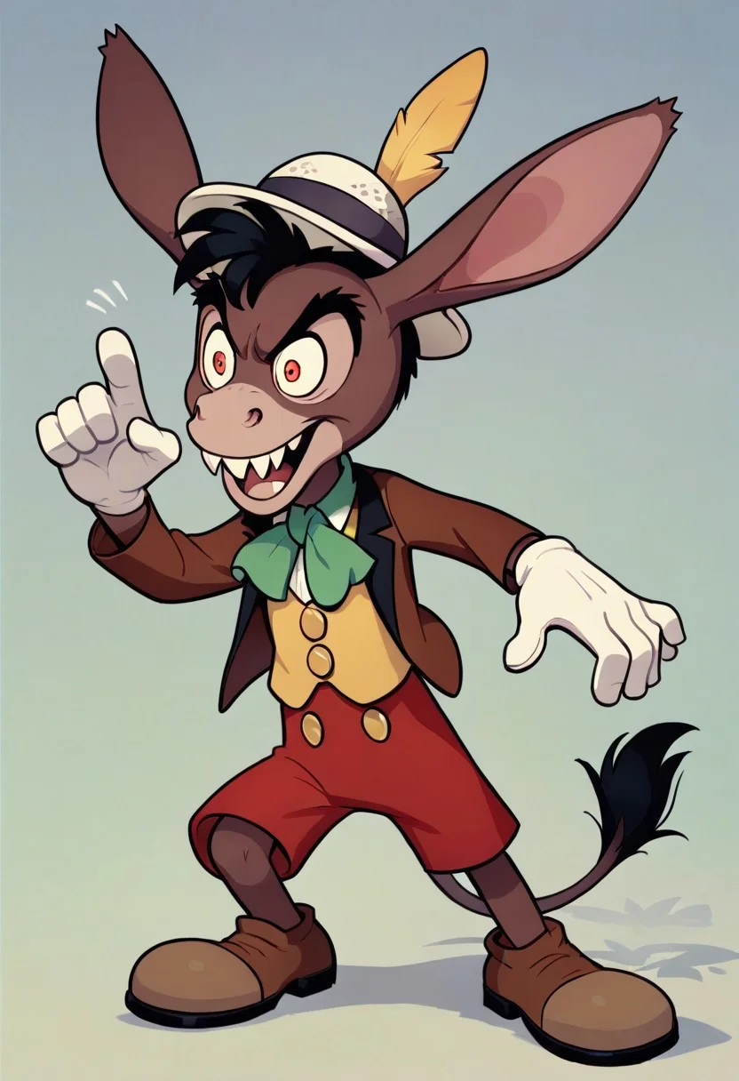 (score_9 | score_8_up | score_7_up) ((masterpiece:1))(best quality,very high quality,ultra detailed:1.2) (2D,cartoon style,anime style)(Smooth:2)(clean blurring) (four fingers on each hand,one thumb on each hand:1), solo, Lampwick, full body, tall, slender, boy, black hair, buckteeth, Full Donkey, donkey head, donkey ears, donkey tail,, formal brown jacket,yellow vest, green ascot, olive green pants,brown shoes, bowler hat with a single yellow feather, runaway brain, monstrous look, exagerated features, intense eyes, aggressie expression, hunched, menacing, white gloves, tail, sharp teeth, red shorts, white gloves, yellow shoes,