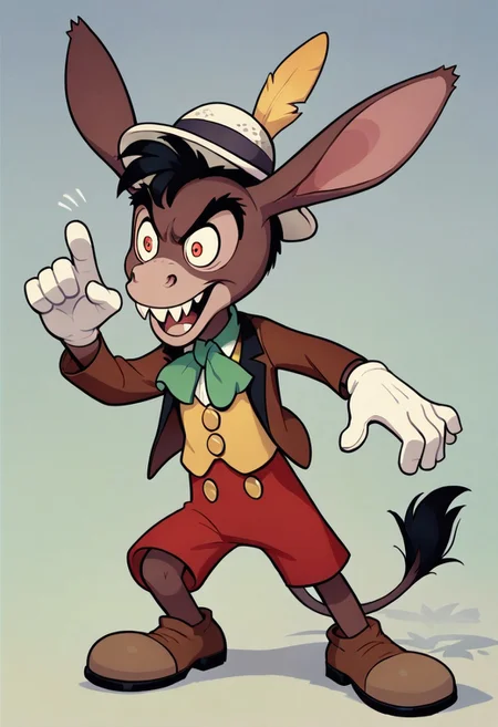 (score_9 | score_8_up | score_7_up) ((masterpiece:1))(best quality,very high quality,ultra detailed:1.2) (2D,cartoon style,anime style)(Smooth:2)(clean blurring) (four fingers on each hand,one thumb on each hand:1), solo, Lampwick, full body, tall, slender, boy, black hair, buckteeth, Full Donkey, donkey head, donkey ears, donkey tail,, formal brown jacket,yellow vest, green ascot, olive green pants,brown shoes, bowler hat with a single yellow feather, runaway brain, monstrous look, exagerated features, intense eyes, aggressie expression, hunched, menacing, white gloves, tail, sharp teeth, red shorts, white gloves, yellow shoes,