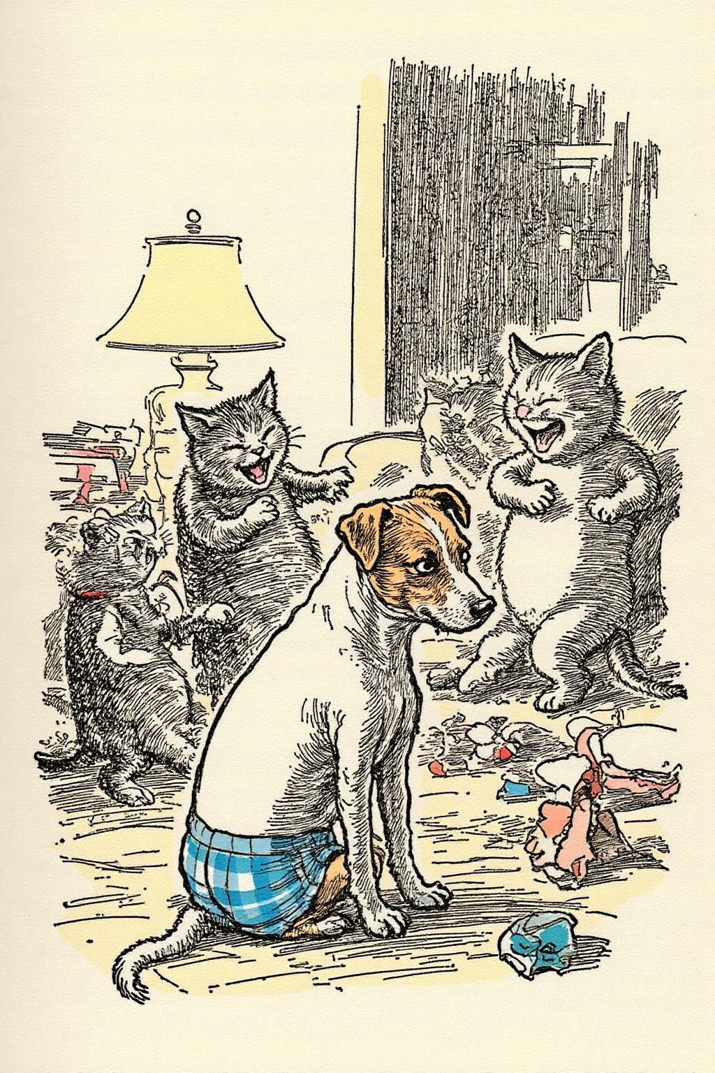 ehshep1 sketch. 
 A Jack Russell Terrier sitting on its haunches, looking utterly ashamed and embarrassed as it is forced to wear a pair of brightly colored boxer underwear. The dog's ears are drooping, and its big, soulful eyes convey a mix of humiliation and resignation. Surrounding the dog is a group of mischievous cats of various breeds, each pointing a paw at the dog and laughing hysterically. One cat has fallen over, clutching its belly in laughter, while another wipes away a tear from laughing too hard. The setting is a cozy living room with toys and a slightly chaotic vibe, emphasizing the playful nature of the scene. The colors are vibrant and the overall tone is lighthearted and comical
Negative Prompt  <lora:ehshep2_cap_d6a3e12:1.0><lora:826244909376815288:0>