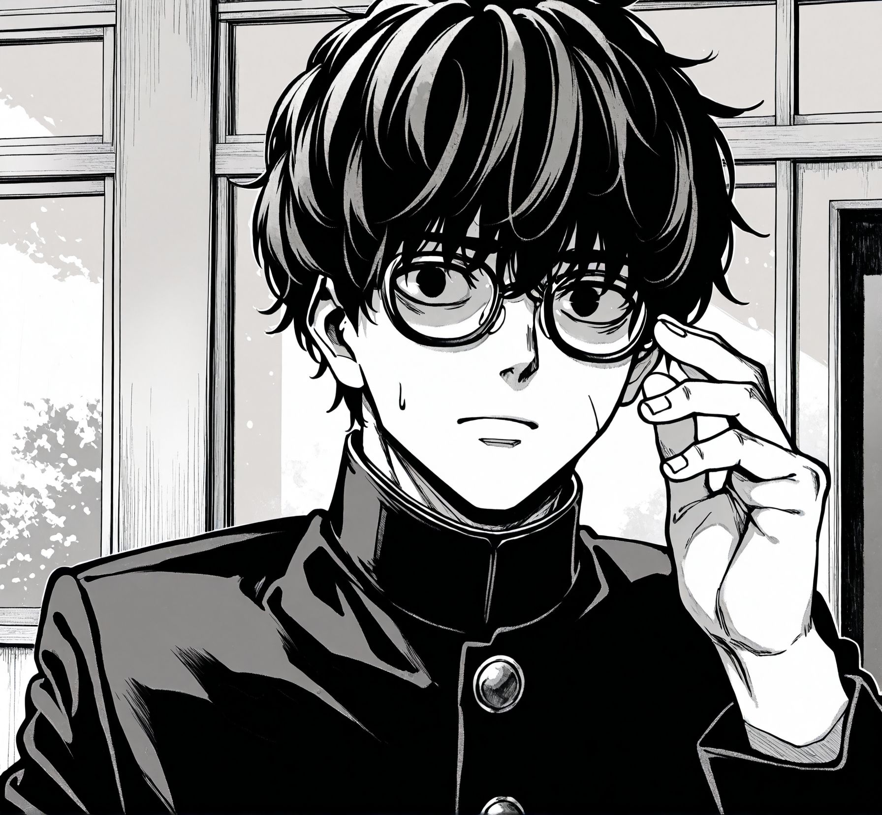 <lora:add-detail-xl:0.5>,masterpiecebest quality,anime coloring,anime screenshot,
<lora:bouryokubannzai:1>bouryokubannzaiV1,
monochrome,
greyscale,
1boy,
male focus,
gakuran,
school, uniform,
solo,
b_akita,
glasses,