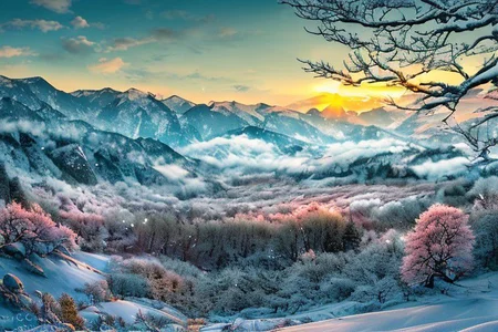 Dawn, vast Japanese mountains, low camera angle, majestic snow-capped peaks, morning sky. Lush green forests, misty valleys, a flowing river, delicate cherry blossoms, tranquil and grandiose landscape, bathed in soft hues of the rising sun, FanLan