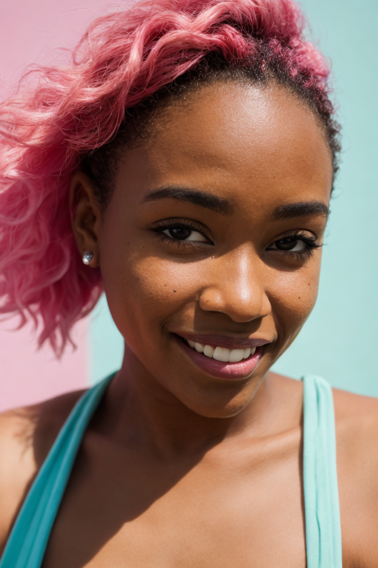 Film still, cinematic, African American woman, smiling, scene girl, pastel hair, vibrant yellow background, sharp focus, detailed skin texture, detailed eyes,